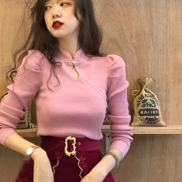 

women's sweaters designer 2021 autumn and winter new slim goddess fan xian thin french sweet temperament knitwear bead chain auspicious, White;black