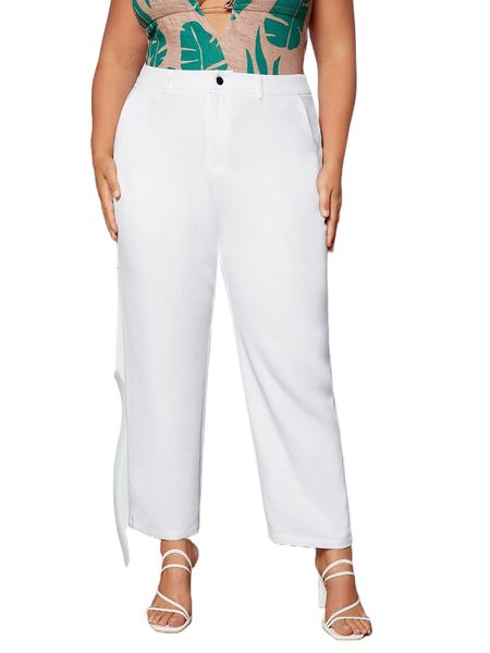 

plus solid zip up tailored pants k91a#, Black