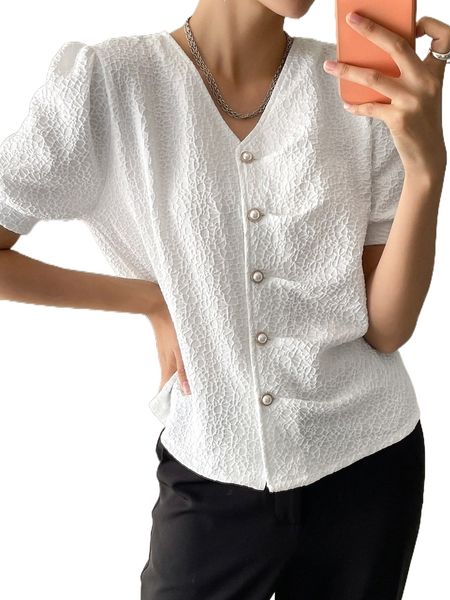 

dazy button front puff sleeve textured knit blouse e2xe#, White
