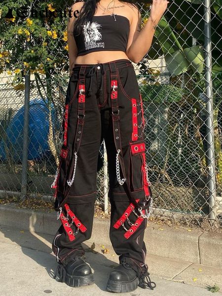 

suchcute gothic bandage chain women pants hip hop fairycore vintage trousers punk style egirl casual streetwear baggy cloths 90s 220720, Black;white