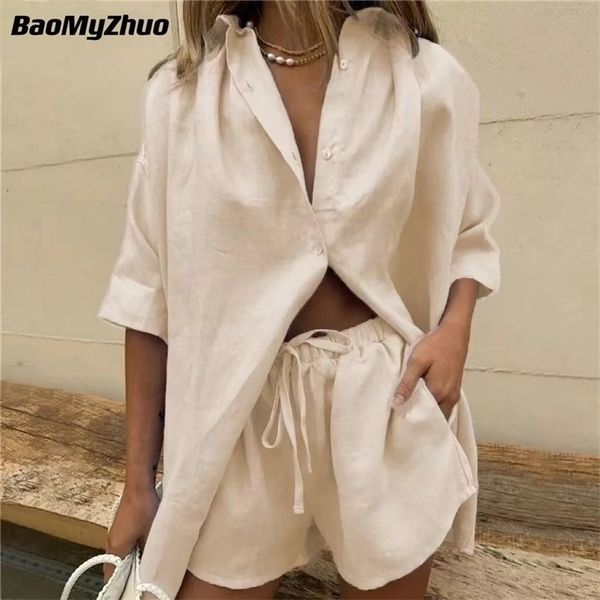 

casual womem summer tracksuit two piece set lounge wear short sleeve shirt and mini shorts suit female homewear 220707, White
