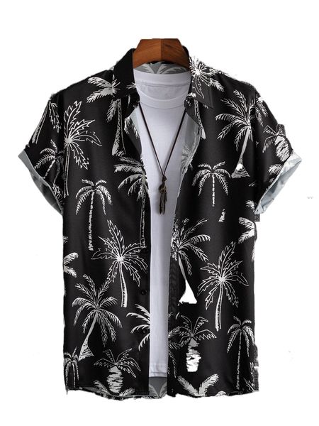 

romwe guys coconut tree print shirt g1ik#, White;black