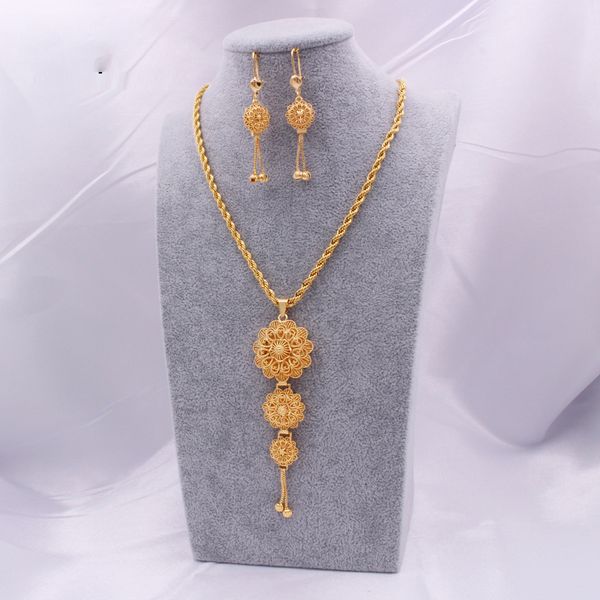 

women jewelry set necklace pendant earring flower shaped 24k ethiopian arabia indian dubai african wedding party bridal gift, Silver
