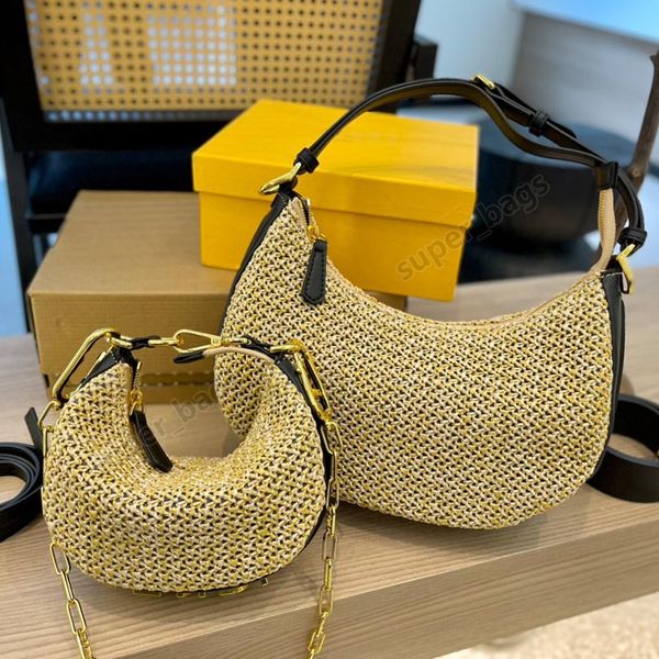 Bolsas de sacolas de grife feminino Nano Bolsas com gravação de nano Crescent Bolsas Crossbody Raffia Metal Logo Saco de saco de axila 28 ou 18 cm