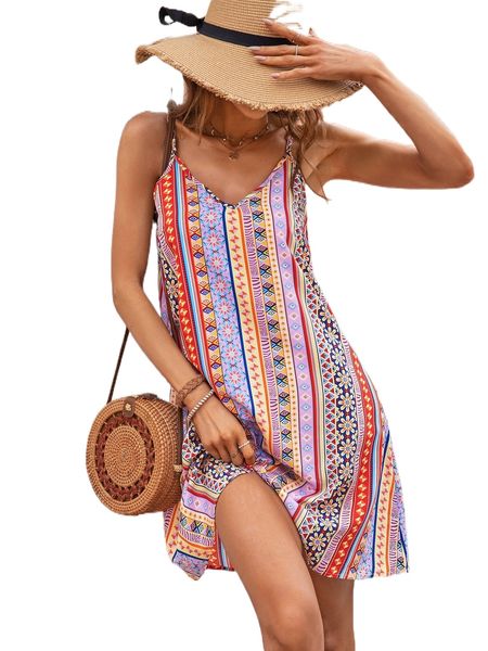 

geo & floral print cami dress v4hf#, Black;gray