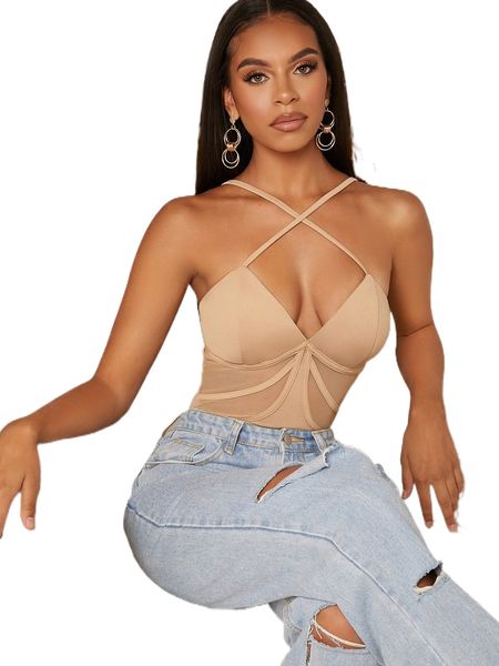 

crisscross front sheer mesh cami bodysuit y4dt#, White