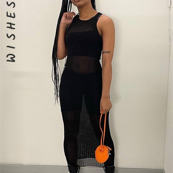 

sleeveless mesh patchwork midi tank dress women o neck see through black goth vestidos 2022 summer punk grunge clothes 220507, Black;gray
