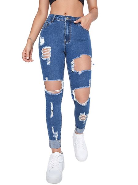 

ripped roll up hem skinny jeans b85z#, Blue