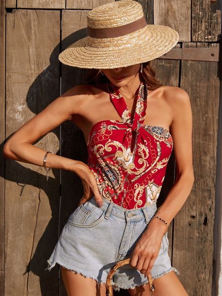 

chain & baroque print halter q99q#, White