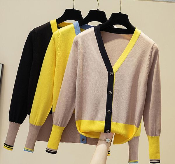 

22gg women sweater cardigan knitted long sleeve pull femme v-neck, White;black