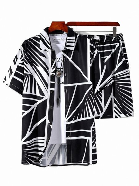 

men random geo print shirt & drawstring waist shorts without tee n9rl#, Gray