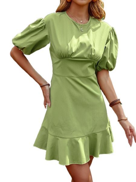 

puff sleeve ruffle hem dress z59n#, Black;gray