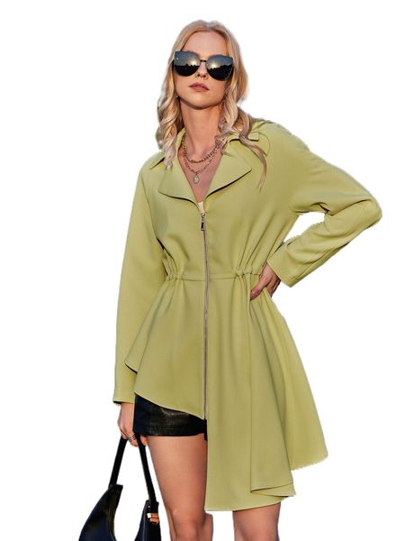 

ziai lapel collar zipper up asymmetrical hem coat t4nd#, Black