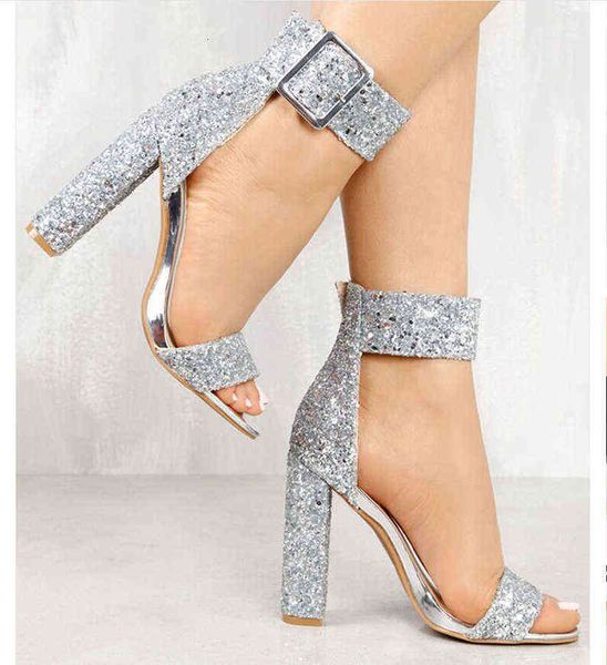 

thick heel sequin snap band open toe high heels women's sandals cx660, Black