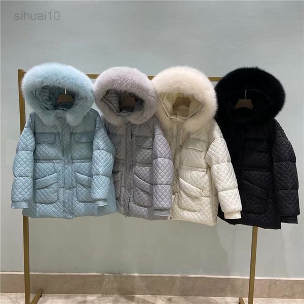 

qingwen new loose winter jacket women 90% white duck down large fur collar hood warm thickness snow outfit jacket parka l220725, Black