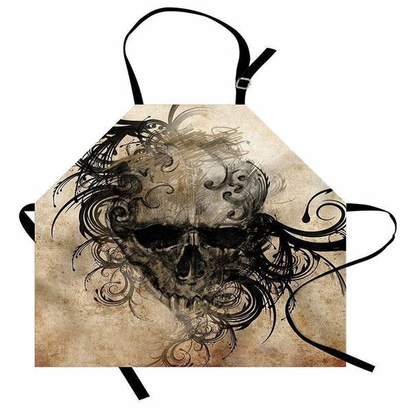 Tattoo Apron, imagem artesanal de um crânio com designs florais tribais em torno de homens impressos homens crianças cozinhando cozinha de cozinha y200103