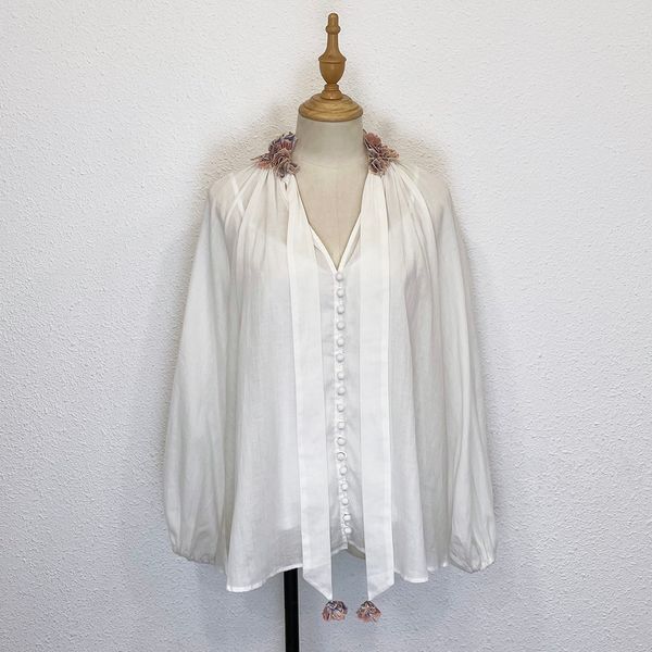 

2022 australian women's blouses & shirts lantern sleeve ramie straight breasted solid color v-neck lace up shirt three-dimensional flow, White