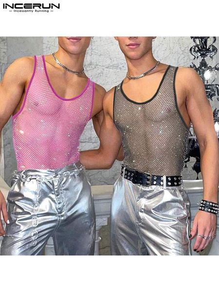 

incerun men tank mesh patchwork o neck sleeveless transparent vests streetwear fitness fashion party 5xl 220606, Gray