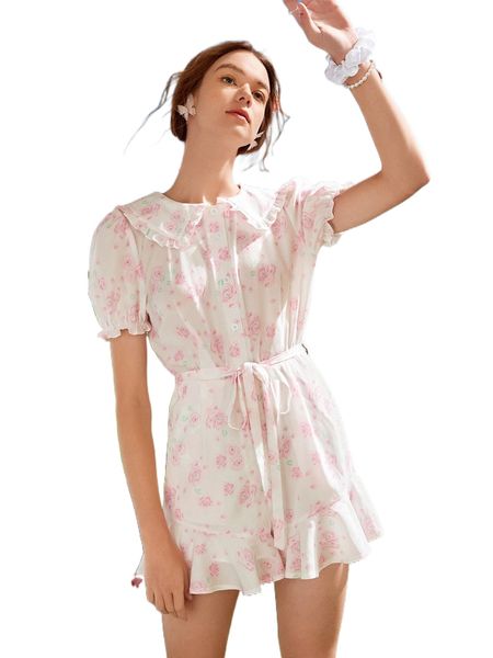 

floral print puff sleeve ruffle hem belted romper 89as#, Black;white