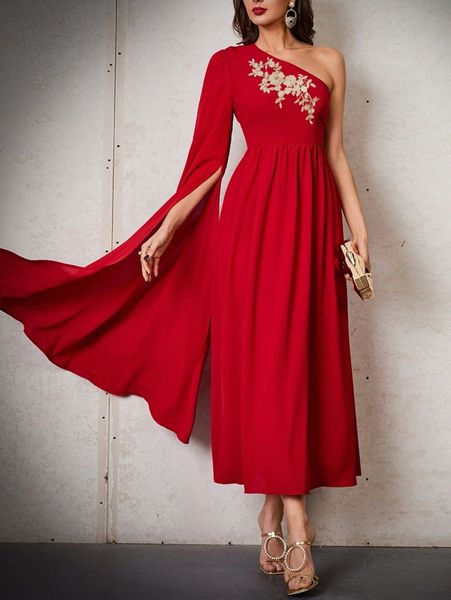 

floral embroidered applique one shoulder slit sleeve dress w6j4#, Black;gray