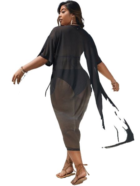 

plus drop shoulder sheer mesh kimono s3zm#, Black;gray