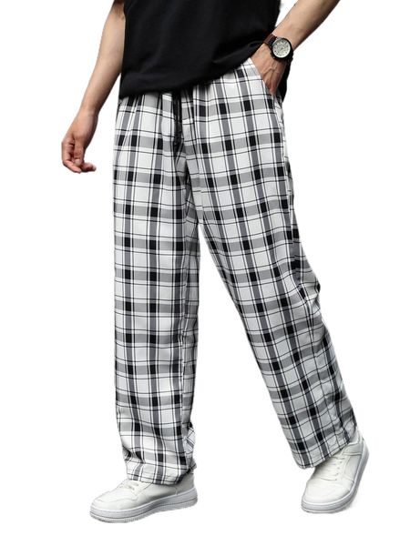 

men plaid print drawstring waist pants o0r7#, Black