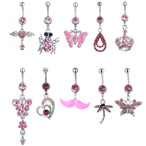 PP10-001 Bauchnabelpiercing, Mix 10 Stile, Aqua. Farben, 10 Stück, Libelle, Knopffliege, Spinne, Krone, Herz