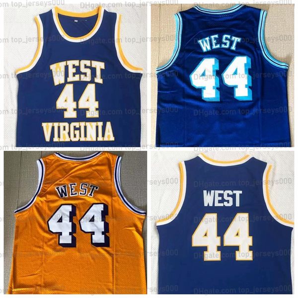 Maglia personalizzata Jerry 44 West Basketball University West Virginia Mountaineers Maglie cucite blu giallo Qualsiasi nome Numero Taglia S-4XL Alta qualità