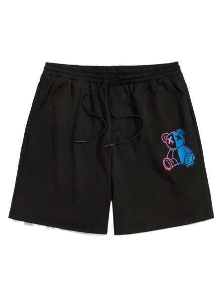 

men bear print drawstring waist shorts a3x1#, White;black