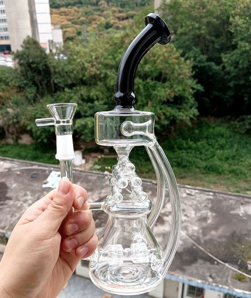 Narguilé de vidro preto de 12 polegadas com pneu perc reciclador de água masculino cachimbos de 14 mm com acessórios para tigela