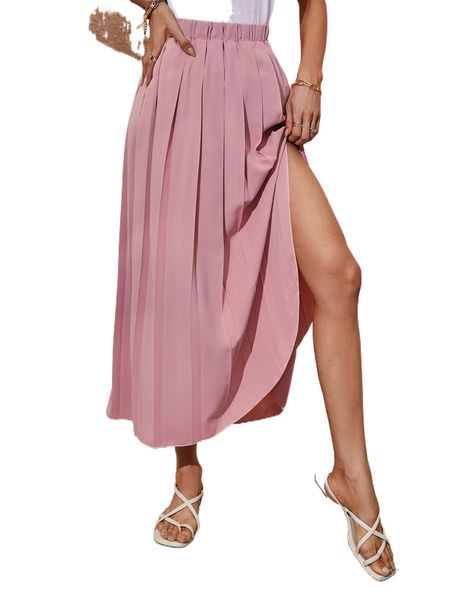 

high waist pleat split hem skirt a2i1#, Black