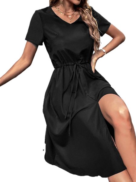 

solid v-neck drawstring waist split thigh dress 71jp#, Black;gray