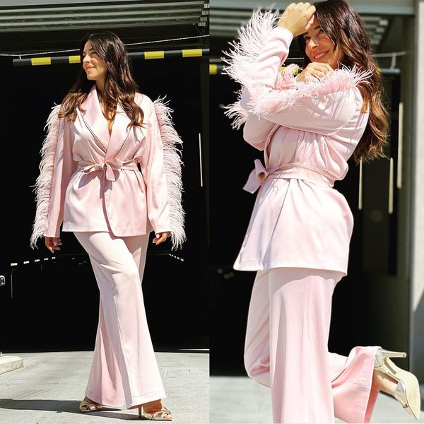 

light pink feather women blazer suits street style power plus size evening party formal outfit wedding wear 2 pieces, Black;red