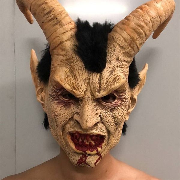 Lúcifer Cosplay Mask Demon Devil Horn Latex Masks com Bloody Bouth Halloween Horror Fostume 220812