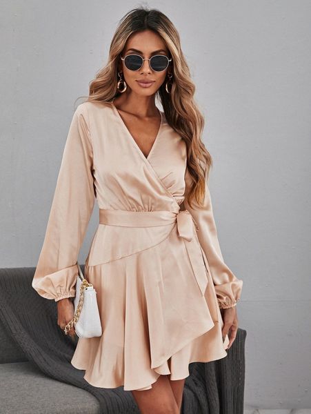

lantern sleeve knot side ruffle hem wrap satin dress b47t#, Black;gray