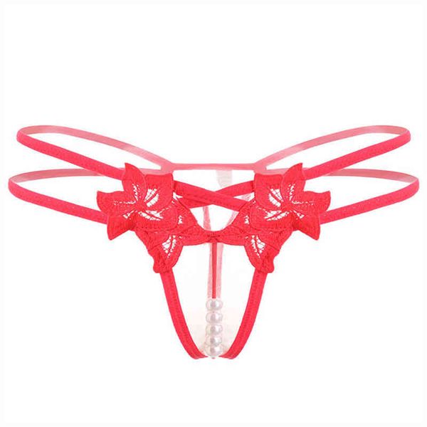 

women's erotic underwear wear beaded open crotch underwear massage t-pants women's lace low waist embroidery soft thong w220324, Red;black