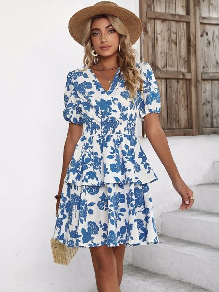 

floral pattern surplice neck puff sleeve layered hem dress v0x4#, Black;gray