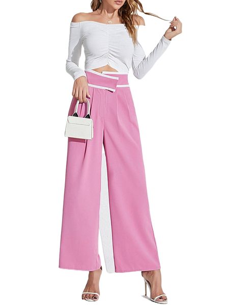 

high waist contrast binding wide leg pants d2jr#, Black;white