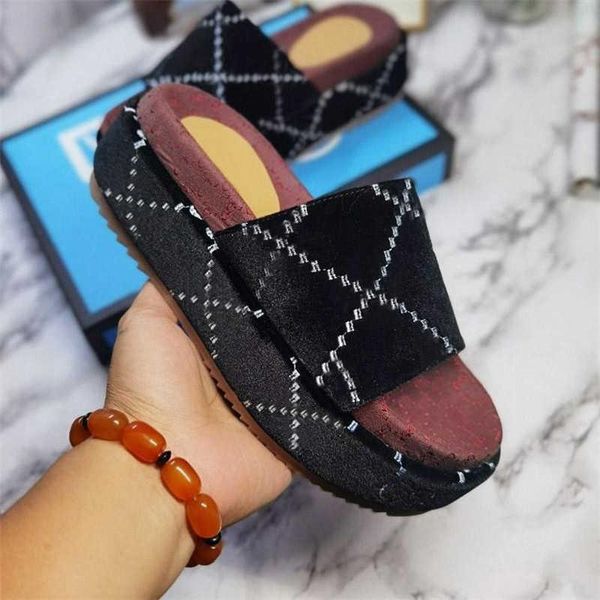 

stylist woman men slipper platform sandals embroidered alphabet slippers summer beach slides fashion thick bottom sandal with box lxq, Black