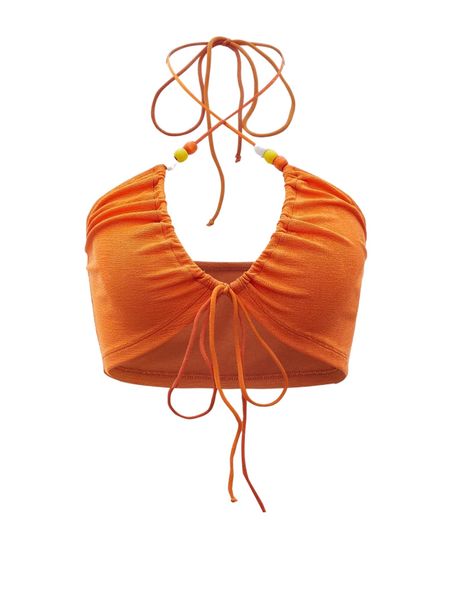 

neon orange bead decor crisscross tie backless halter s0ze#, White