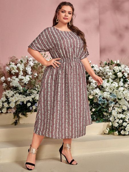 

plus ditsy floral batwing sleeve dress u4pn#, Black