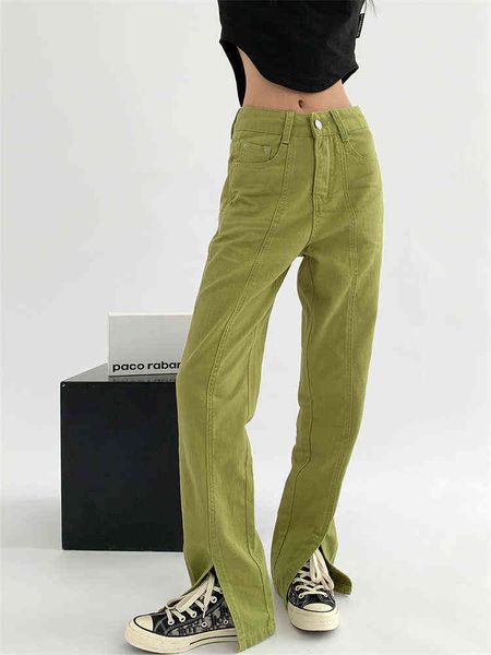 

avocado green straight twill cowgirl spring autumn simple style all-match design plain casual slit trousers female mopping pants t220728, Blue