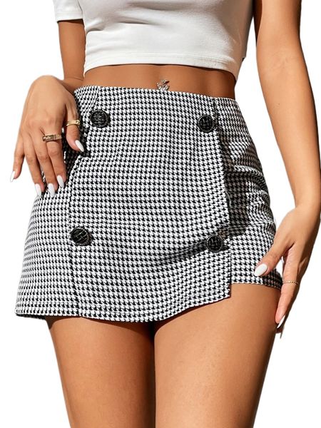 

petite houndstooth fake button asymmetrical hem shorts o5ct#, White;black