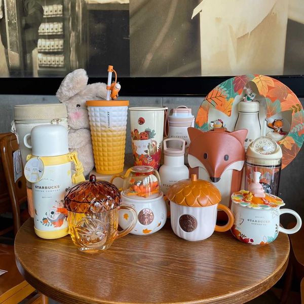 

2021 starbucks cup mid autumn forest cute rabbit cute fox acorn mark straw insulated water cup