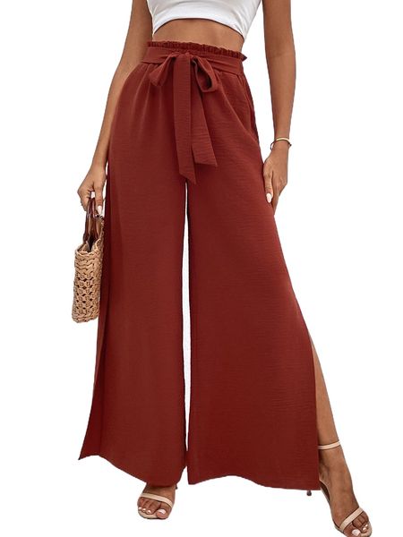 

paperbag waist split thigh belted wide leg pants f0oj#, Black;white