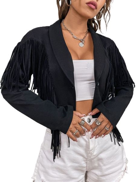 

shawl collar fringe trim jacket 87br#, Black;brown