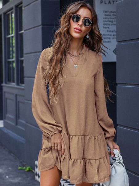 

v-neck ruffle hem smock dress 21kn#, Black;gray