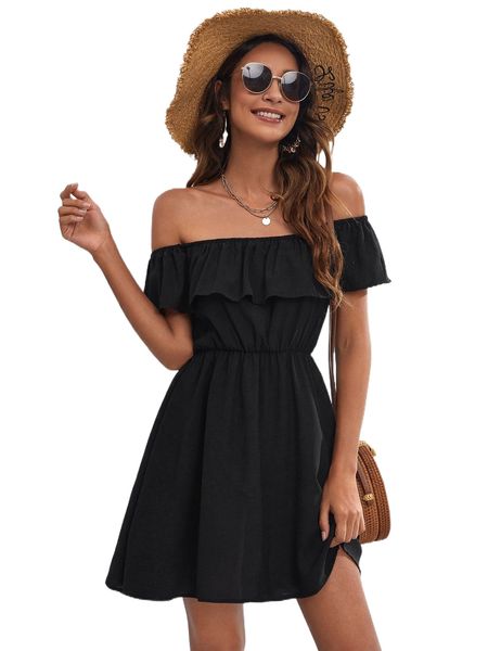 

ruffle off shoulder solid dress w3ph#, Black;gray