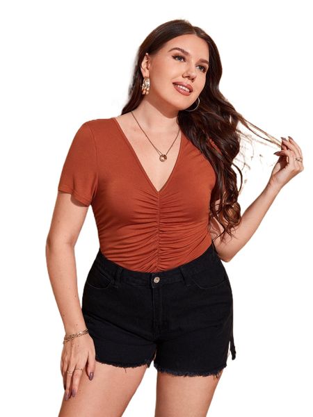 

plus solid ruched v neck tee 16jh#, Black