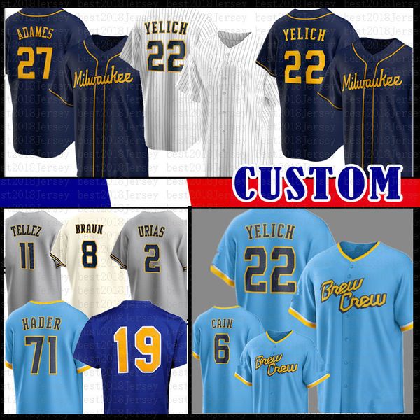 Camisa de beisebol Christian Yelich Willy Adames Josh Hader Robin Yount Lorenzo Cain JC Mejia Hunter Renfroe Luis Urias Omar Narvaez Jace PetersonTaylor Tyrone Taylor